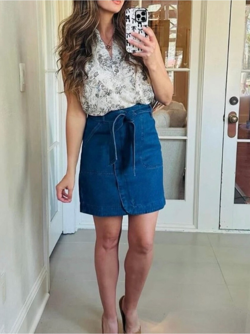 CAbi Beach Wash Denim Tie-Waist Mini Skirt Utility Pocket A Line